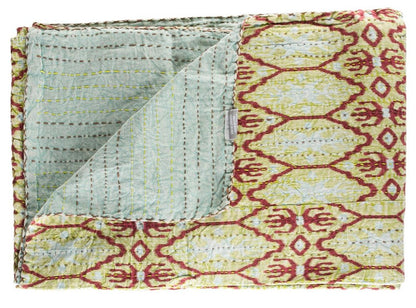 50" X 70" Red and Green Kantha Cotton Abstract Throw Blanket with Embroidery