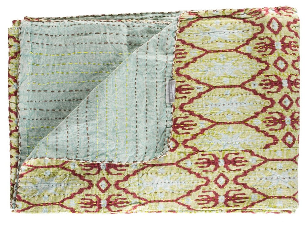 50" X 70" Red and Green Kantha Cotton Abstract Throw Blanket with Embroidery