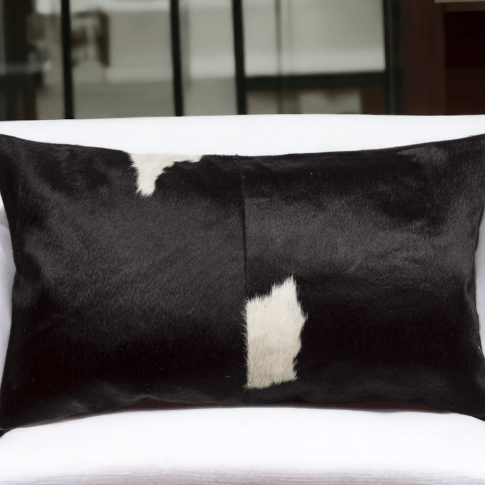 12" X 20" Black and White Cowhide Throw Pillow