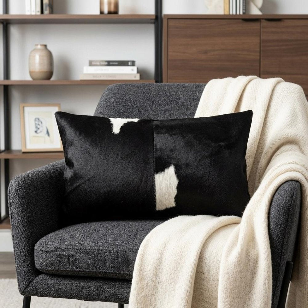 12" X 20" Black and White Cowhide Throw Pillow