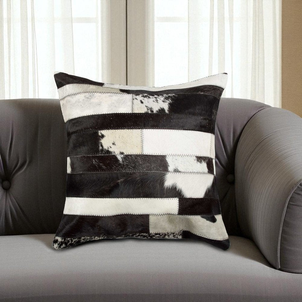 18" White And Black Cowhide Throw Pillow