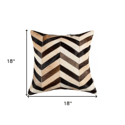 18" Brown Black and White Chevron Cowhide Throw Pillow