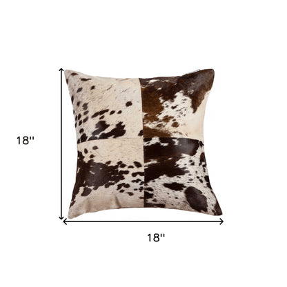 18" X 18" White and Brown Cowhide Pillow