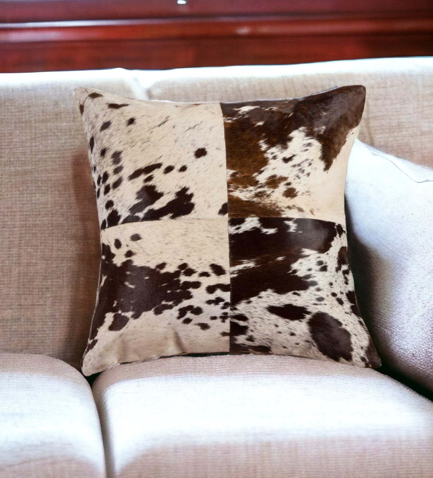 18" X 18" White and Brown Cowhide Pillow