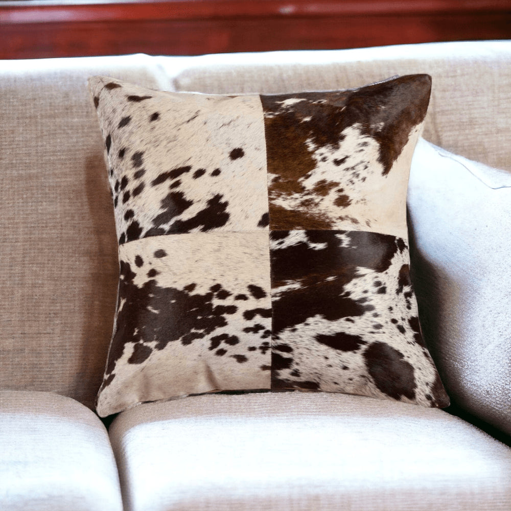 18" X 18" White and Brown Cowhide Pillow