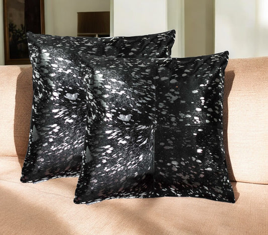 Set of Two 18" Black and Silver Cowhide Throw Pillow