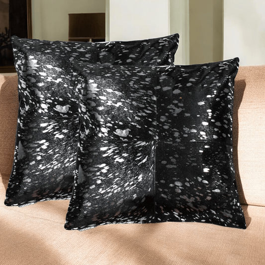 Set of Two 18" Black and Silver Cowhide Throw Pillow