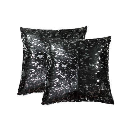 Set of Two 18" Black and Silver Cowhide Throw Pillow