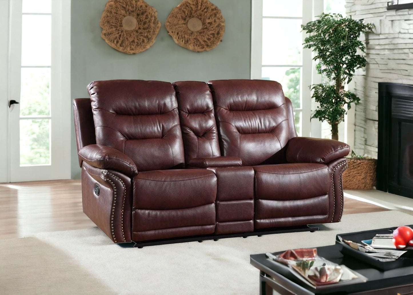 75" Burgundy Faux Leather Manual Reclining Loveseat With Storage