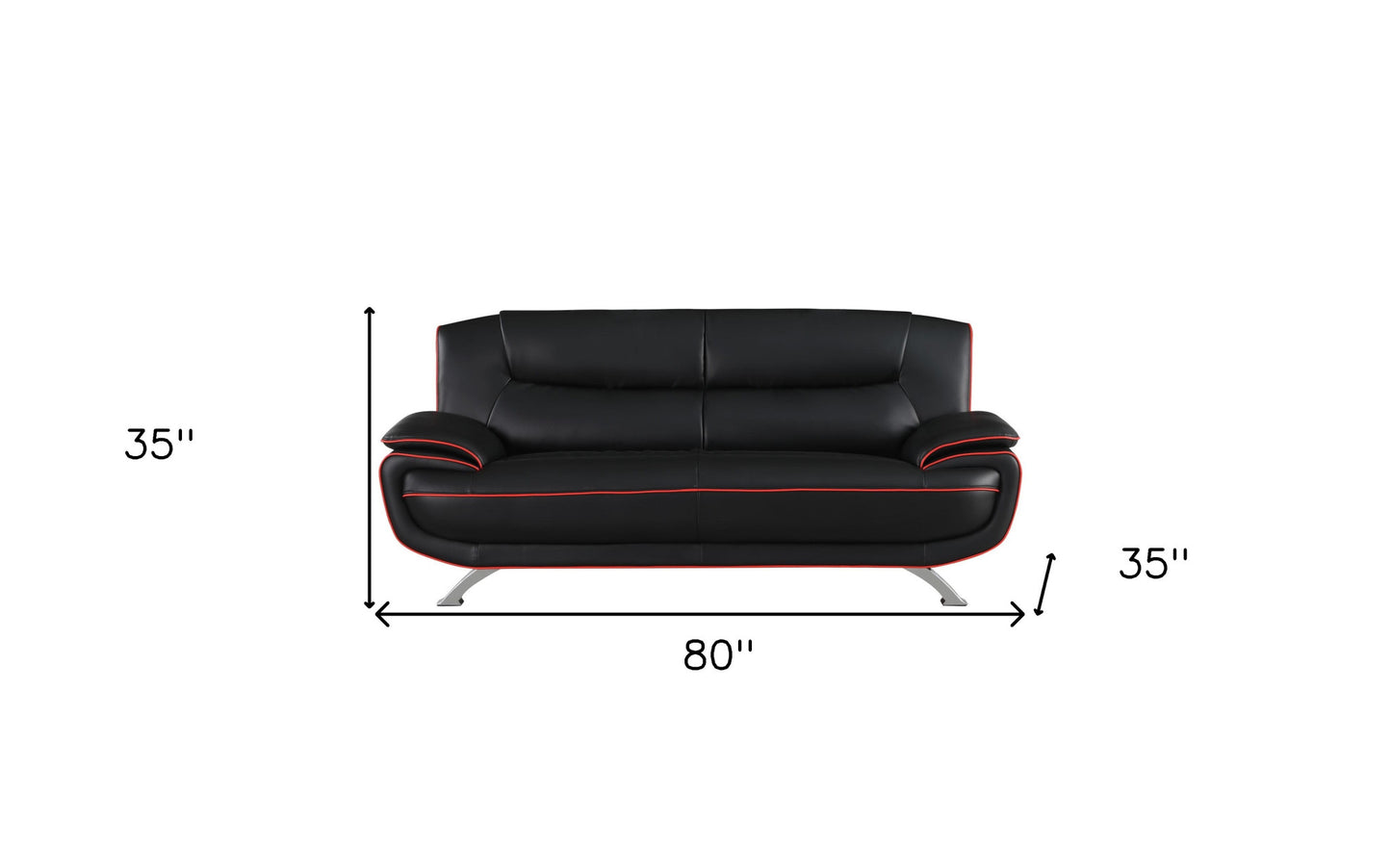 80" Black Leather Sofa With Silver Legs