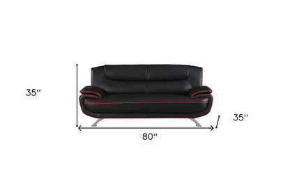 80" Black Leather Sofa With Silver Legs