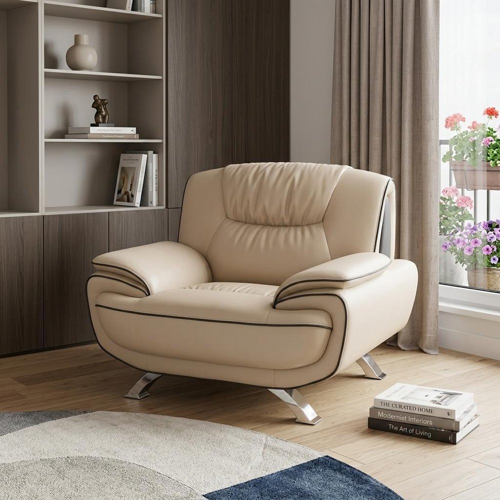 47" Beige And Silver Leather Match Club Chair