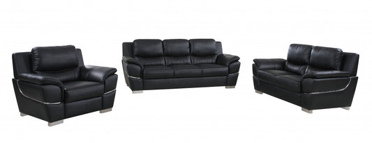 Three Piece Indoor Black Genuine Leather Six Person Seating Set