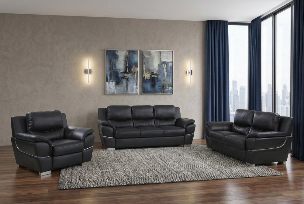 Three Piece Indoor Black Genuine Leather Six Person Seating Set