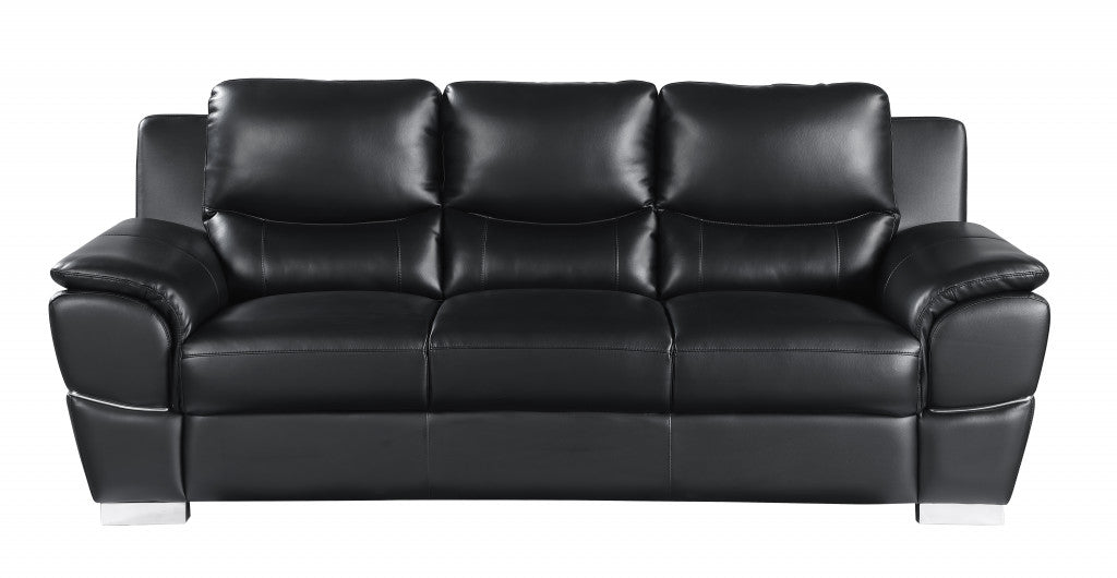 85" Black Leather Sofa With Silver Legs