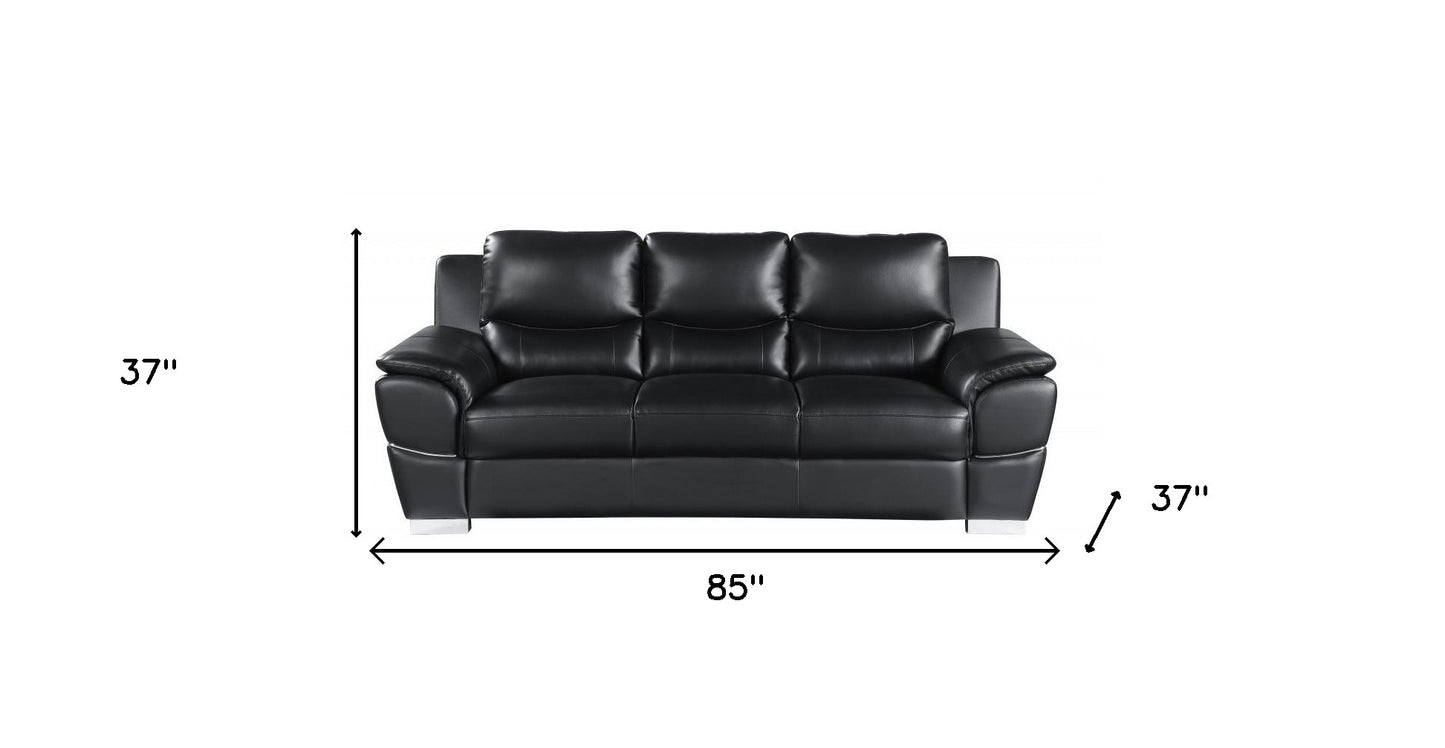 85" Black Leather Sofa With Silver Legs