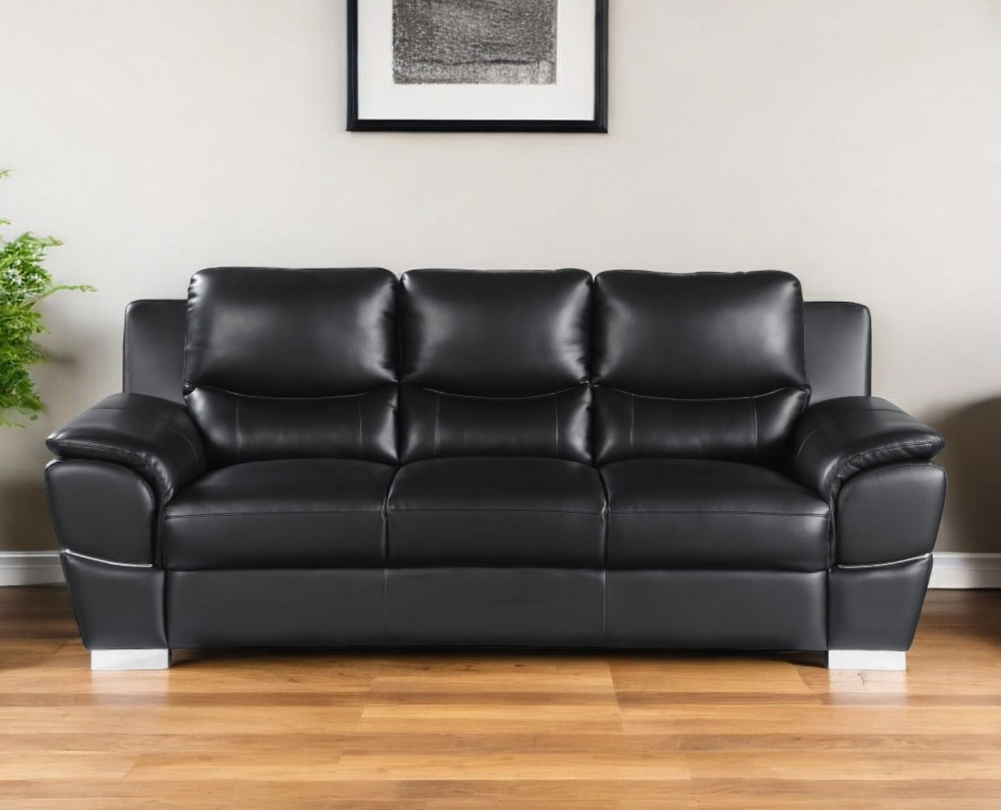 85" Black Leather Sofa With Silver Legs