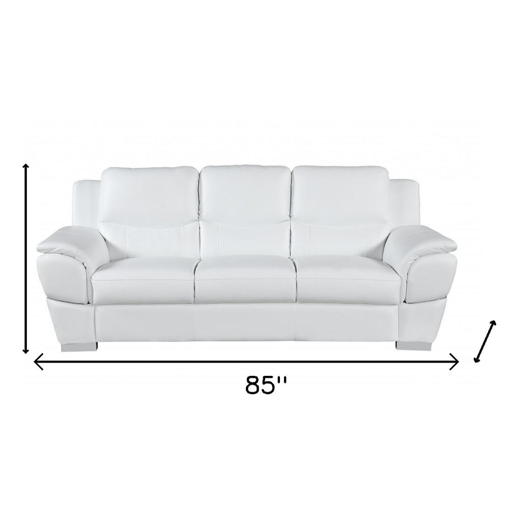 85" White Leather Sofa With Silver Legs