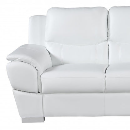 85" White Leather Sofa With Silver Legs