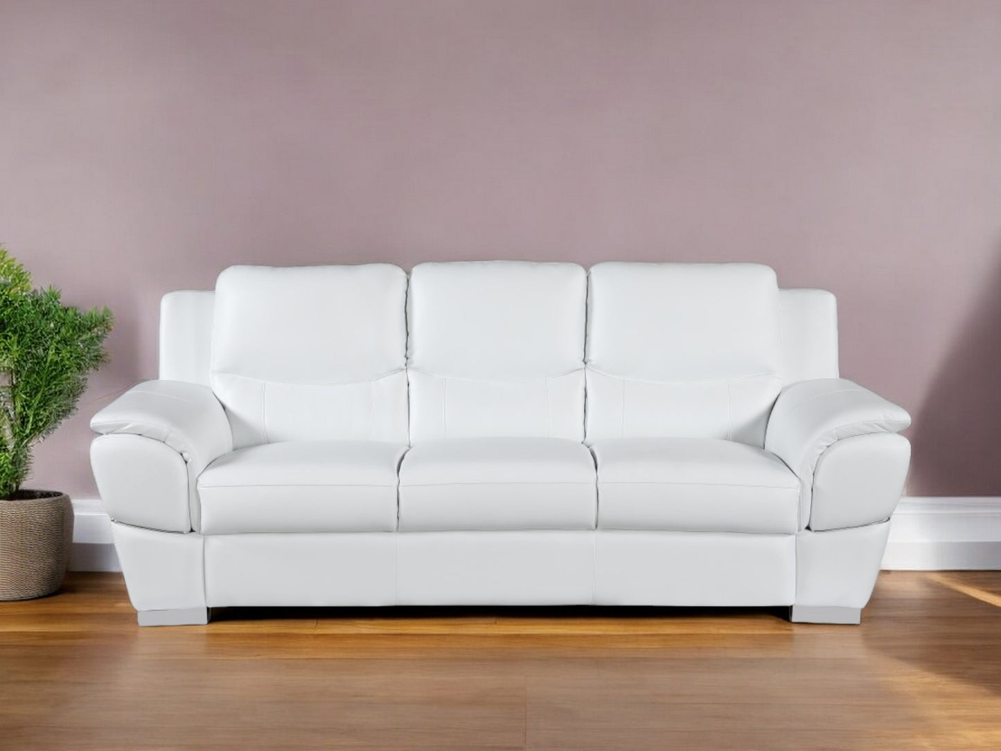 85" White Leather Sofa With Silver Legs