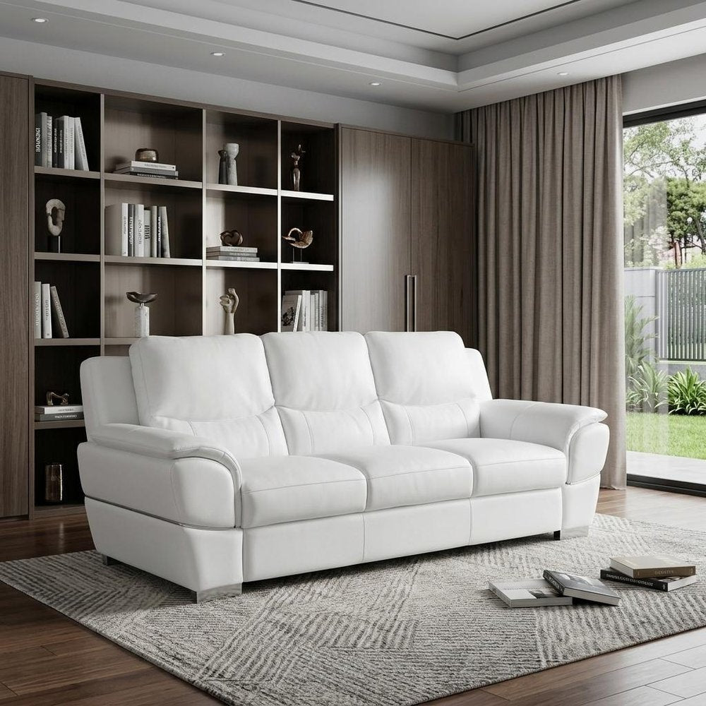85" White Genuine Leather Sofa
