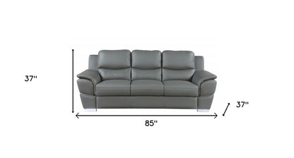 85" Gray Leather Sofa With Silver Legs