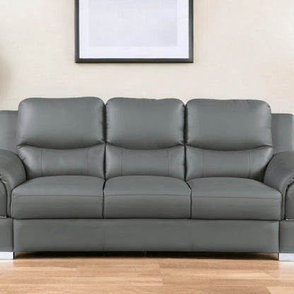 85" Gray Leather Sofa With Silver Legs