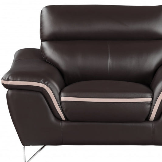 Two Piece Indoor Brown Genuine Leather Five Person Seating Set