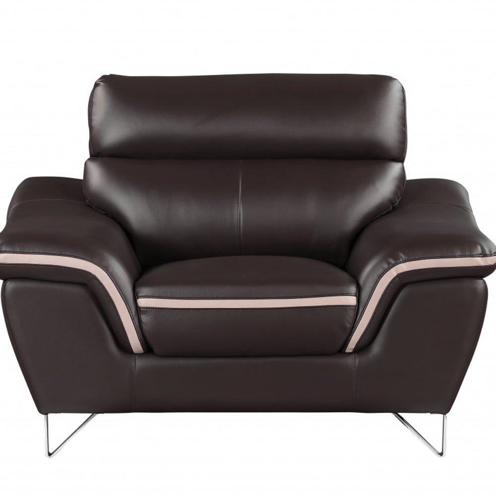 Three Piece Indoor Brown Genuine Leather Six Person Seating Set