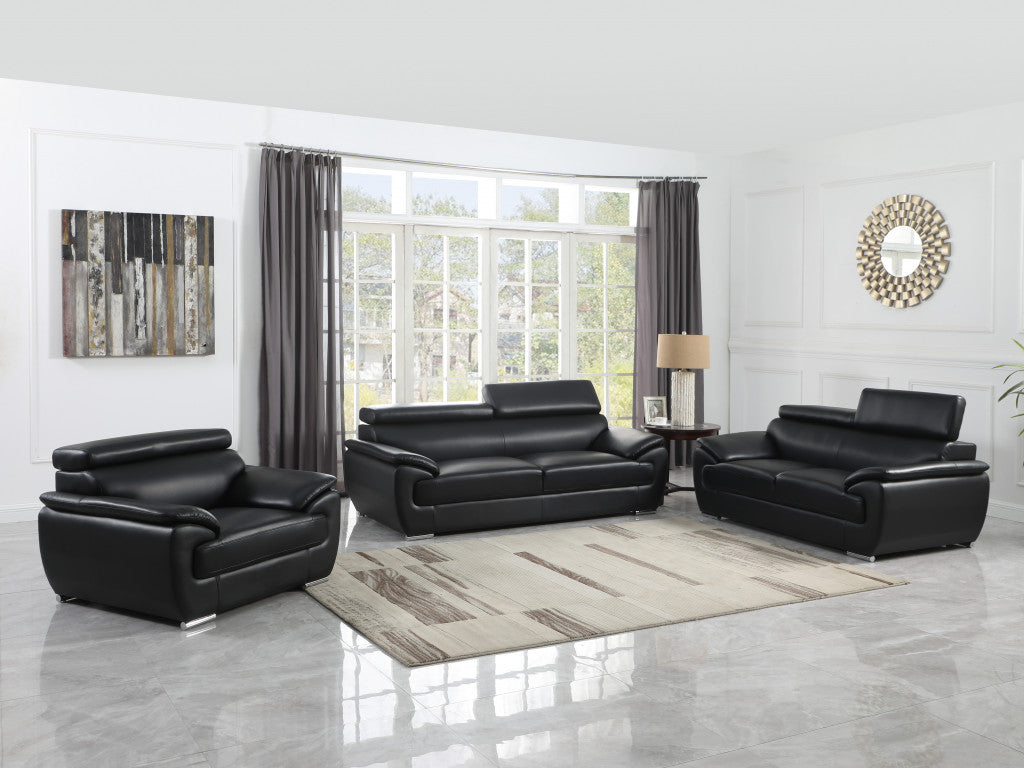 Three Piece Indoor Black Genuine Leather Six Person Seating Set