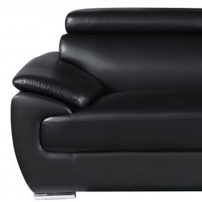 86" Black Leather Sofa With Silver Legs