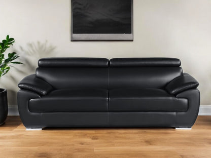 86" Black Leather Sofa With Silver Legs