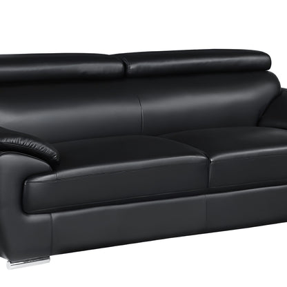 86" Black Leather Sofa With Silver Legs