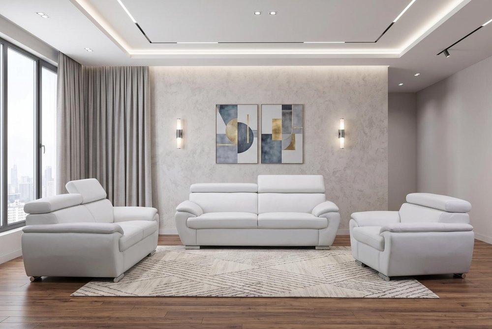 Three Piece Indoor White Genuine Leather Six Person Seating Set