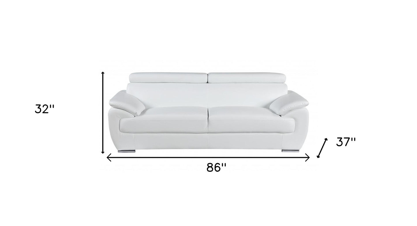 86" White Leather Sofa With Silver Legs