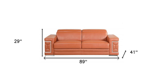 89" Camel Italian Leather Sofa With Silver Legs