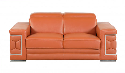 71" Camel And Silver Genuine Leather Love Seat