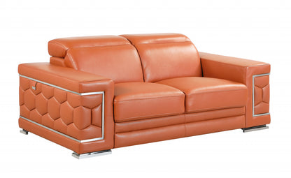 71" Camel And Silver Genuine Leather Love Seat