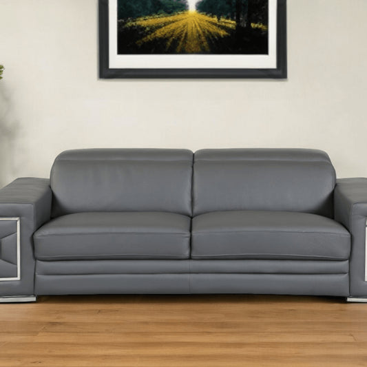 89" Dark Gray Italian Leather Sofa With Silver Legs