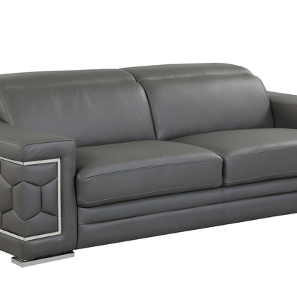 89" Dark Gray Italian Leather Sofa With Silver Legs