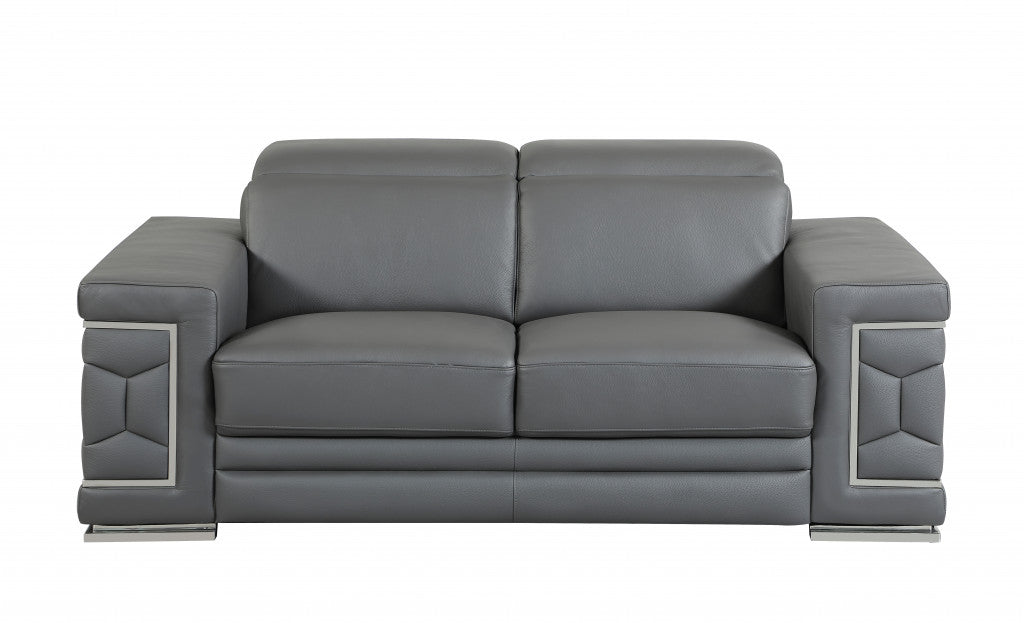 71" Gray And Silver Genuine Leather Love Seat