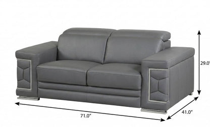 71" Gray And Silver Genuine Leather Love Seat
