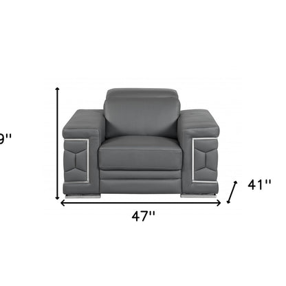 47" Dark Gray And Silver Genuine Leather Arm Chair