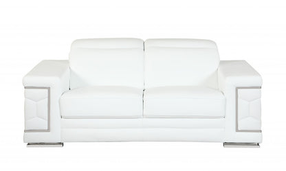 71" White Italian Leather Sofa With Silver Legs