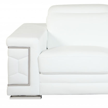 71" White Italian Leather Sofa With Silver Legs