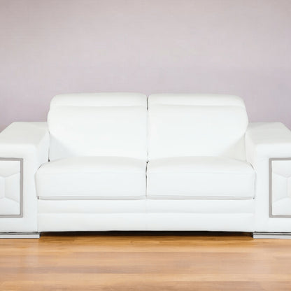 71" White Italian Leather Sofa With Silver Legs