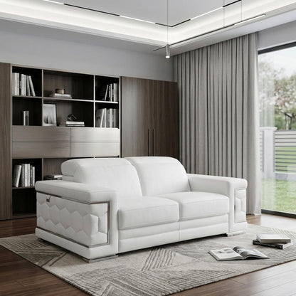 71" White Italian Leather Sofa With Silver Legs