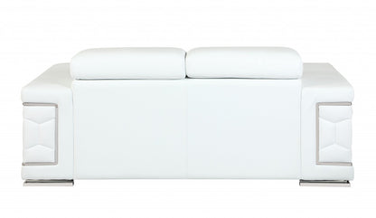 71" White Italian Leather Sofa With Silver Legs