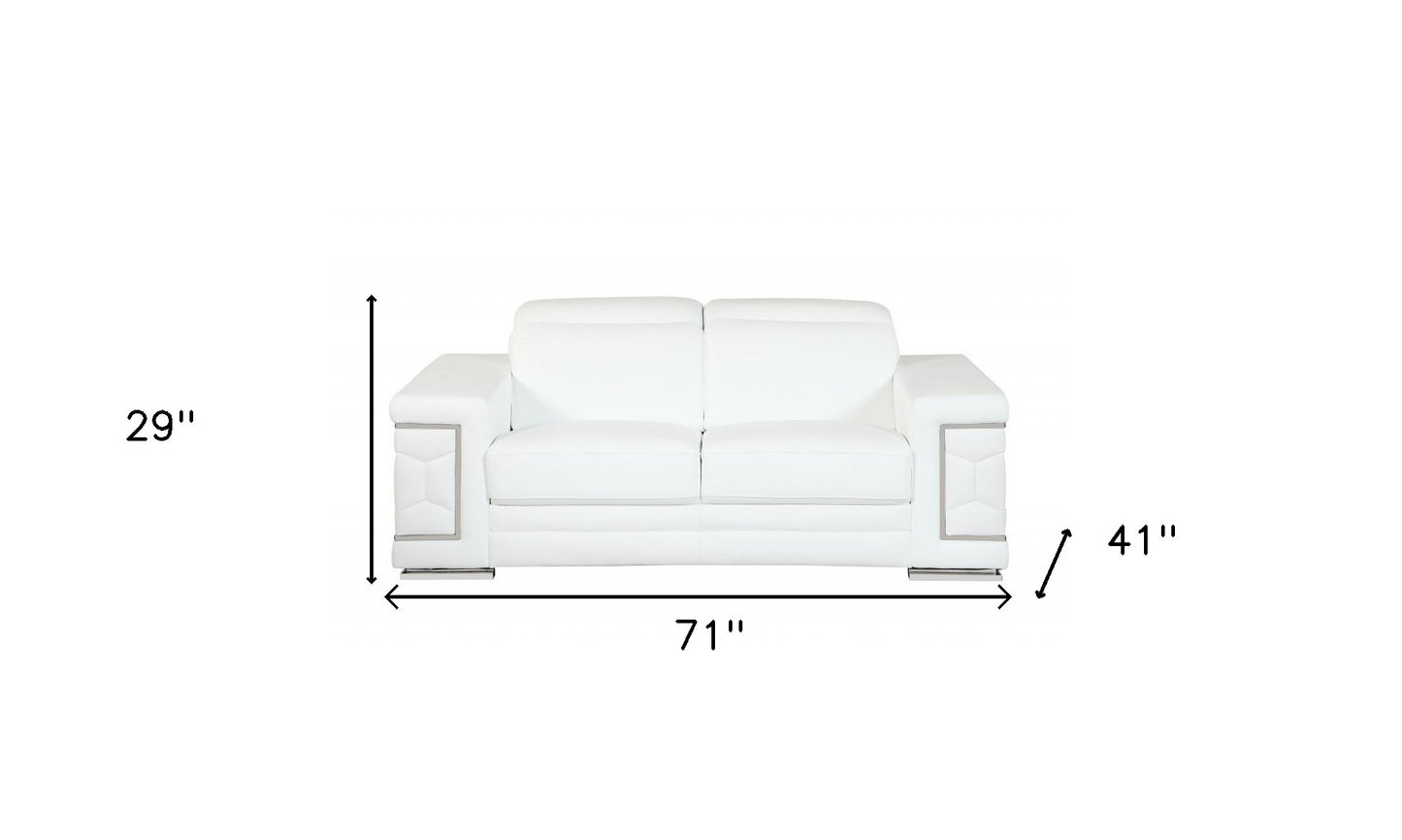 71" White Italian Leather Sofa With Silver Legs