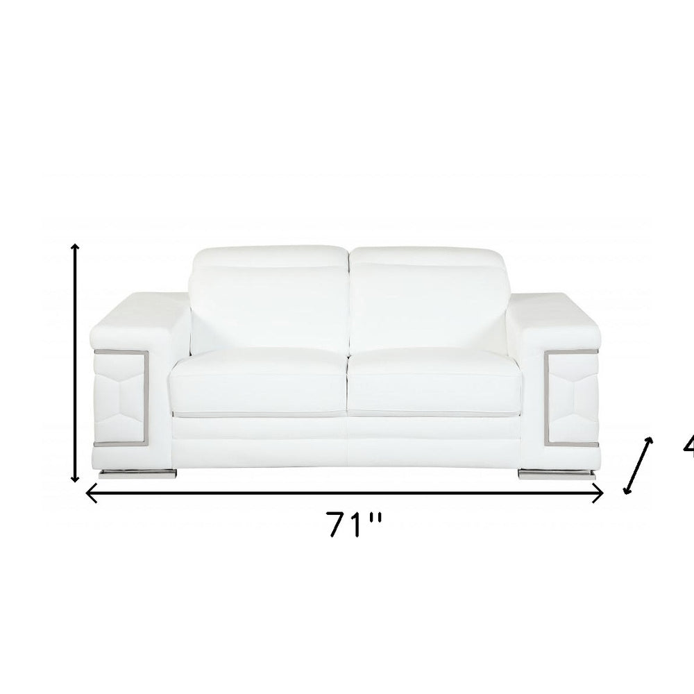 71" White Italian Leather Sofa With Silver Legs